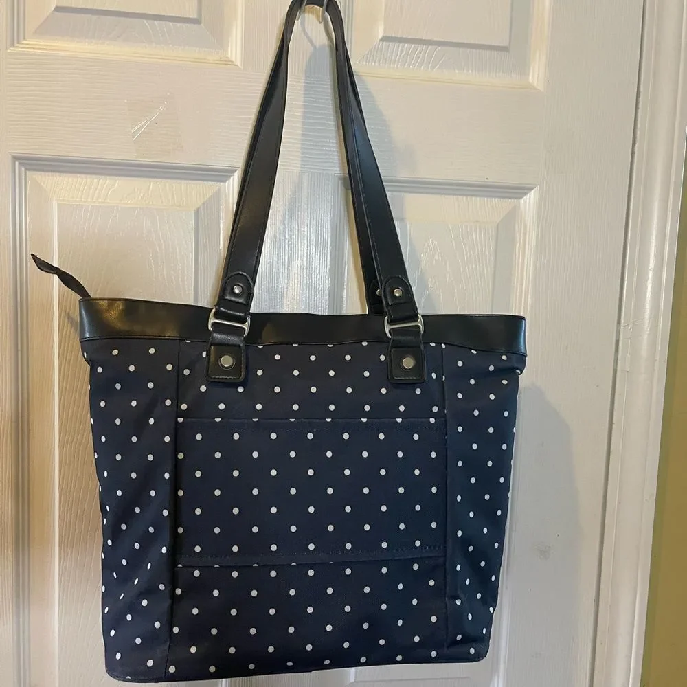 Geoffrey Beene Executive Women Bag Navy Blue & White Polka Dots Canvas .